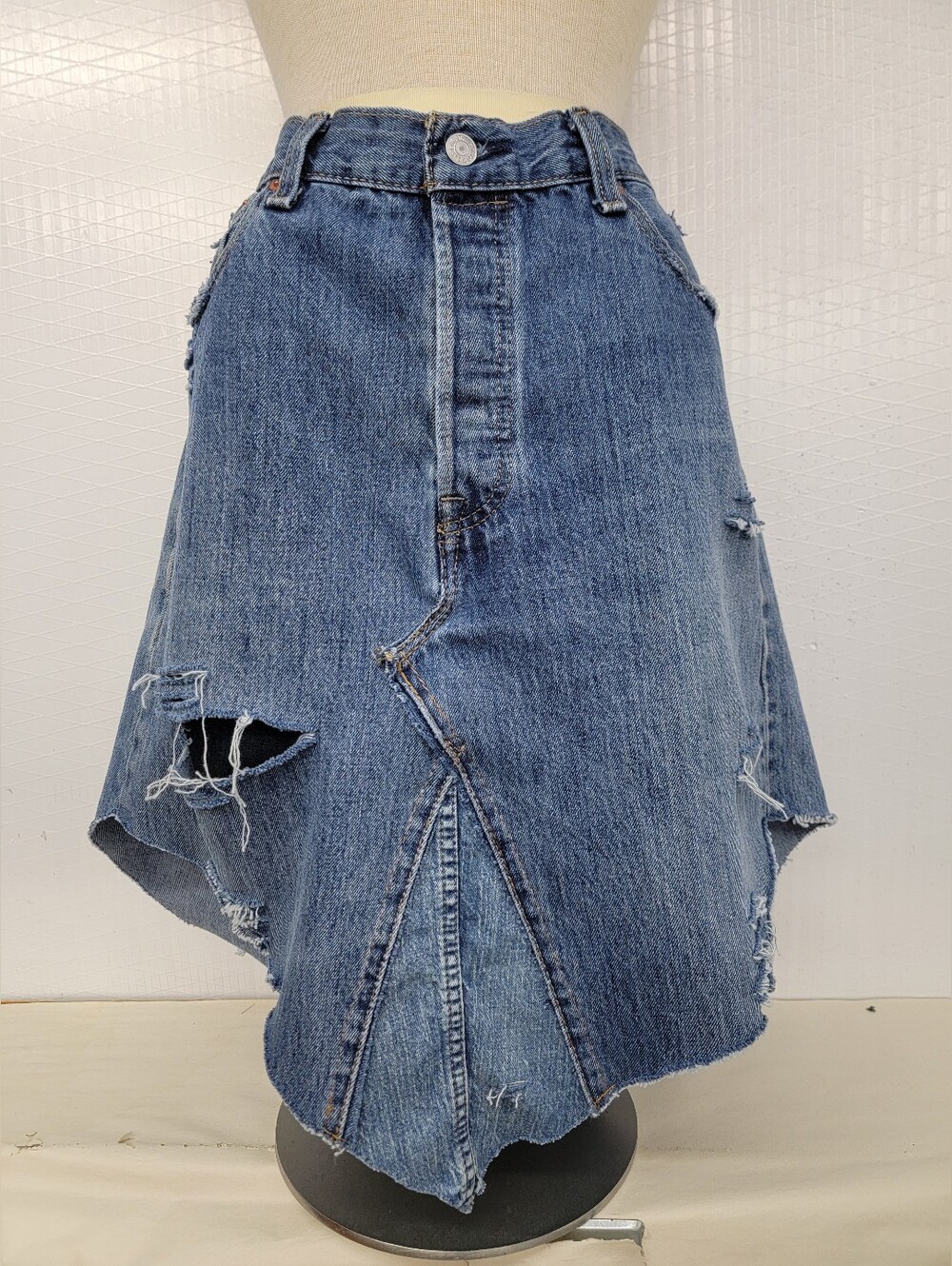 Levi's 501 Jean Skirt Handkercheif Hemline Upcycled Boho Hippie